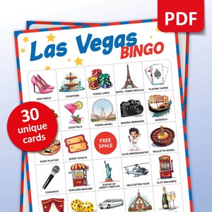 Juego de bingo de Las Vegas, 30 cartones de bingo, Juego de despedida de soltera, Actividades de vacaciones de viaje, Descarga digital, Regalo imprimible de Las Vegas