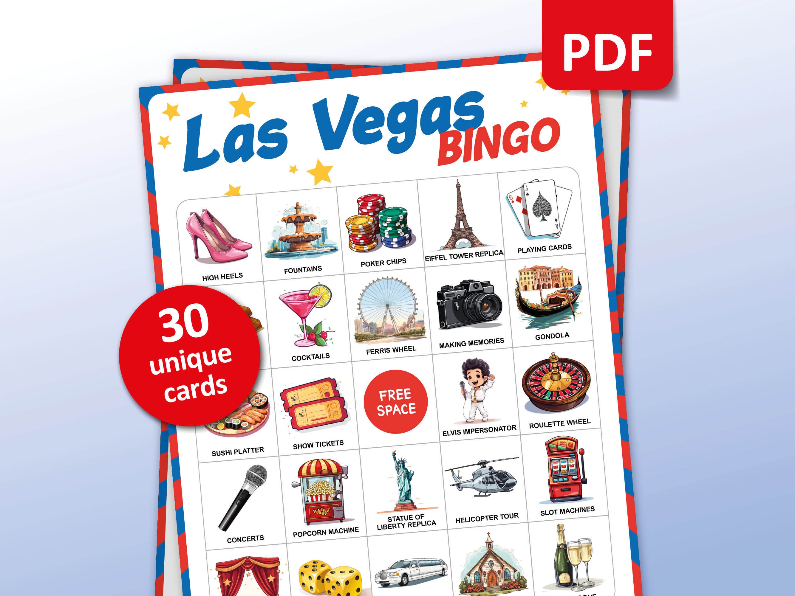 Las Vegas Bingo Game, 30 Bingo Cards, Bachelorette Party Game, Travel ...