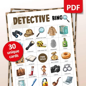 Bingo de detetive, 30 cartas de bingo, jogo de festa para impressão, atividade de investigação em sala de aula, atividades de aniversário, jogo de mistério para crianças e adultos