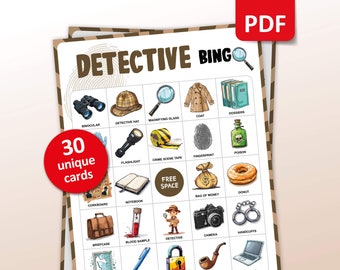 Detective Bingo, 30 bingokaarten, afdrukbaar gezelschapsspel, onderzoeksklasactiviteit, verjaardagsactiviteiten, mysteriespel voor kinderen en volwassenen
