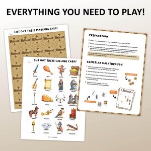 Medieval bingo is a great party game for kids. Middle Ages World History theme. Perfect school activity for teachers. Printable bingo cards as digital download and pre-filled. With knight, king, queen, jetser, battles, castles etc.