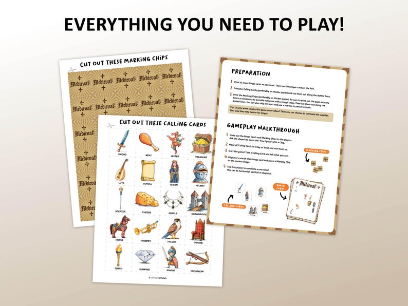 Medieval bingo is a great party game for kids. Middle Ages World History theme. Perfect school activity for teachers. Printable bingo cards as digital download and pre-filled. With knight, king, queen, jetser, battles, castles etc.