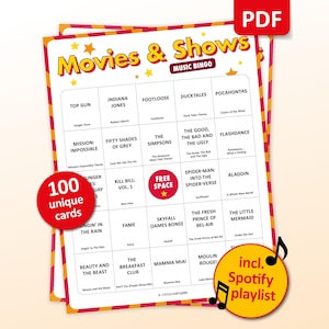 Movie & TV Show Music Bingo party game featuring the most iconic film soundtracks, television theme songs and blockbuster movie hits. Perfect for movie nights, TV series marathons, family game nights, birthday parties and friends gatherings. Includes famous songs from cult classics, sitcoms, dramas and musicals. Including Spotify playlist with all soundtrack and theme songs on the bingo cards. Printable digital download.