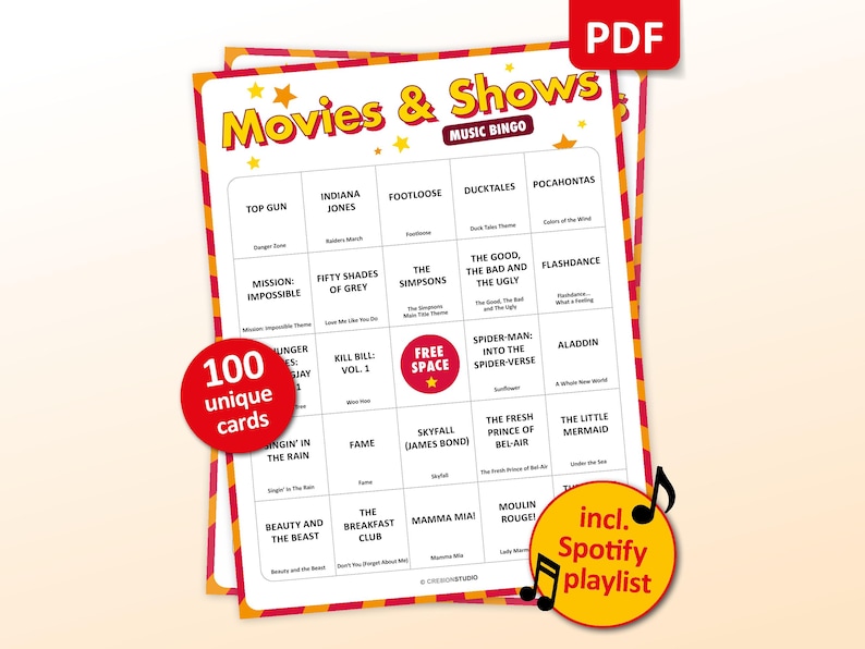 Movie & TV Show Music Bingo party game featuring the most iconic film soundtracks, television theme songs and blockbuster movie hits. Perfect for movie nights, TV series marathons, family game nights, birthday parties and friends gatherings. Includes famous songs from cult classics, sitcoms, dramas and musicals. Including Spotify playlist with all soundtrack and theme songs on the bingo cards. Printable digital download.
