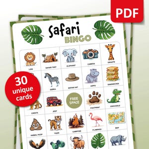 Safari Bingo, Cartões de Bingo de 30 Aniversários, Atividades de Aniversário, Jogo de Festa Safari Infantil, Atividades de Sala de Aula na Selva, Jogos para Imprimir