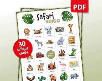 May include: A printable Safari Bingo game with 30 unique cards. The bingo card features images of animals, objects, and activities related to a safari, such as a lion, zebra, elephant, giraffe, safari tent, camera, jeep, campfire, and more.