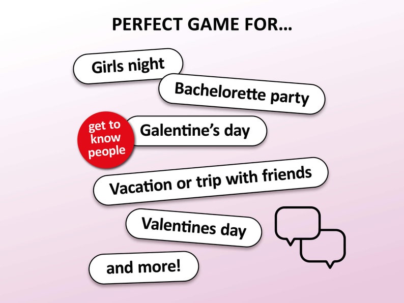 Peut inclure: Un fond rose avec du texte blanc qui dit "PERFECT GAME FOR..." et liste plusieurs occasions, dont "Girls night", "Bachelorette party", "Galentine's day", "Vacation or trip with friends", "Valentines day", et "and more!" Il y a un cercle rouge avec du texte blanc qui dit "get to know people".