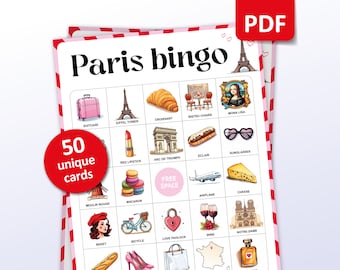 Paris Travel Bingo Game, 50 Paris Bingo Cards, Travel Trip Vacation Activities, Paris Theme Party Game for Adults and Kids, Printable Gift