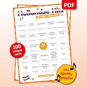 オランダヒットミュージックビンゴ、ビンゴカード100枚＋Spotifyプレイリスト、オランダの王の日パーティーゲーム、誕生日や独身最後のパーティーのアクティビティ、フレンズバー