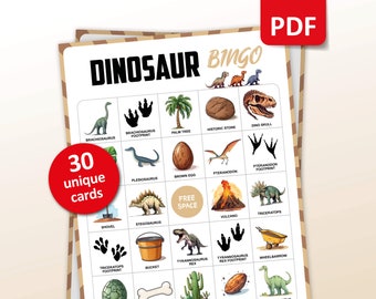Dinosaur Bingo, 30 Dinosaurs Bingo Cards, Birthday Activitiy, Kids Dino Party Game, History Classroom Activities, Learning Printable Games