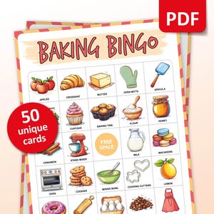 Bingo avec la pâtisserie, 50 cartes de bingo, Jeu de cupcakes, Jeu de fête d'anniversaire d'enfants, Activités pour le classe de cuisine, Apprentissage de jeux à imprimer