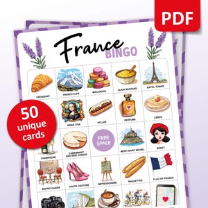 Jogo de bingo de viagem na França, 50 cartas de bingo, atividades de férias em viagens, jogo de festa temática para adultos e crianças, presente para impressão em Paris