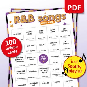 R&B-muziekbingo, 100 bingokaarten + Spotify-afspeellijst, verjaardagsfeestje, teambuilding uit de jaren 80, 90 en 00, Friends Bar-activiteit, Rhythm and Blues