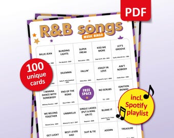 R&B Music Bingo, 100 Bingo Cards + Spotify Playlist, Birthday Party Game, 80s 90s 00s Teambuilding, Friends Bar Activity, Rhythm and Blues