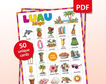 May include: A colorful Luau Bingo card with images of a dolphin, pineapple, hula dancer, surfboards, ukulele, flower lei, luau feast, smoothie, grass skirt, tiki torch, tiki statue, lomi lomi salmon, waterfalls, popsicle, palm tree, hibiscus flower, Hawaiian shirt, sunglasses, a drum, flip flops, a seashell, a sea turtle, and a sun.