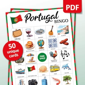 Gioco di Bingo da Viaggio in Portogallo, 50 Carte da Bingo, Attività di Vacanza in Viaggio in Europa, Gioco di Festa a Tema Portoghese per Adulti e Bambini, Regalo Stampabile