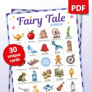 Märchen-Bingo, 30 Bingokarten, Märchen-Partyspiel, druckbare Kinderaktivitäten, Aladdin, Schneewittchen, Aschenputtel, kleine Meerjungfrau, Rapunzel