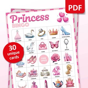 Princess Bingo, 30 Pink Bingo Cards, Birthday Activities, Kids Royal Party Game, Princess Fairytale Classroom Activities, Printable Games