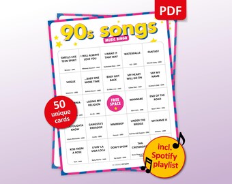 90s Songs Music Bingo, 50 Bingo Cards + Spotify Playlist, Birthday Party Game, 90's Bachelorette, Friends Bar Activity, Family Reunion