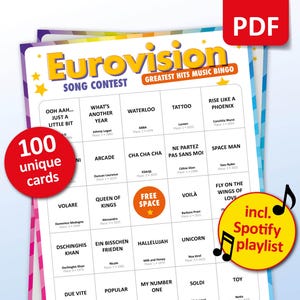 Concours Eurovision de la chanson Bingo musical, 100 cartes de bingo + liste de lecture Spotify, jeu de société Eurovision 2025, activité au bar des amis, meilleures chansons