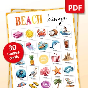 Bingo de playa, Cartones de bingo de 30 cumpleaños, Actividades de playa, Juego de fiesta de verano para niños, Actividades de aula de vacaciones, Descarga digital imprimible