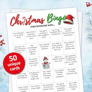 Kerstbingo voor volwassenen, afdrukbare kerstfeestspellen, vind de gastactiviteit, mix en meng 50 bingokaarten, familievakantiespel