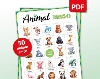 Animal Bingo, 50 Animal Bingo Cards, Birthday Activities, Kids Animal Party Game, World Animal Day Classroom Activities, Learning Printable