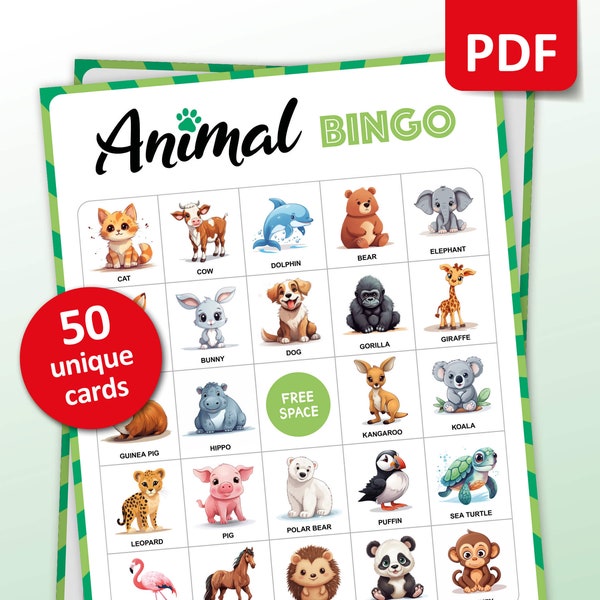 Animal Bingo, 50 Animal Bingo Cards, Birthday Activities, Kids Animal Party Game, World Animal Day Classroom Activities, Learning Printable