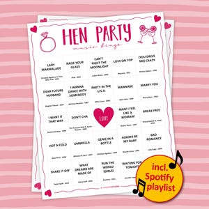 Hen Party Music Bingo is the perfect party game to play at a girls bachelorette night with all of your friends. The party songs are great for a fun night with team bride. Digital download so you can print the files directly after purchase.