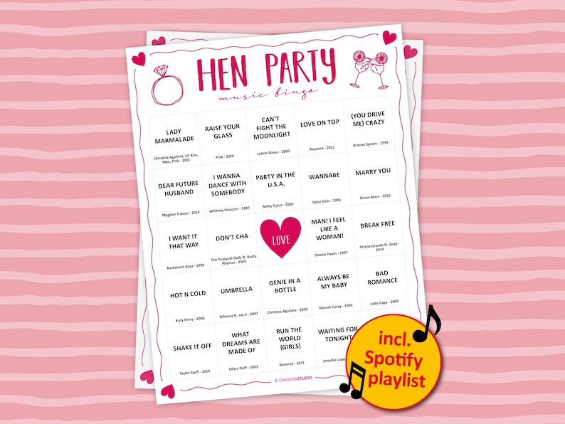 Hen Party Music Bingo is the perfect party game to play at a girls bachelorette night with all of your friends. The party songs are great for a fun night with team bride. Digital download so you can print the files directly after purchase.