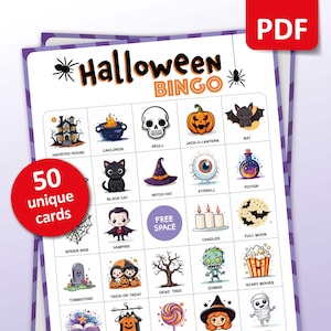 Bingo na Halloween, 50 kart do gry w bingo na Halloween, aktywności na Halloween, gra na imprezę Halloween dla dzieci, aktywności w klasie na Halloween, gry do druku
