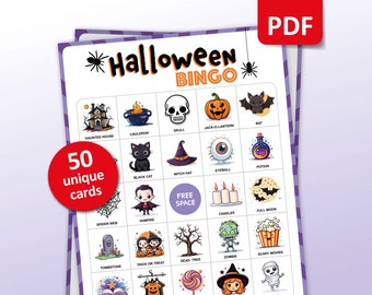 Halloween Bingo, 50 Halloween Bingo Cards, Halloween Activities, Kids Halloween Party Game, Halloween Classroom Activities, Printable Games
