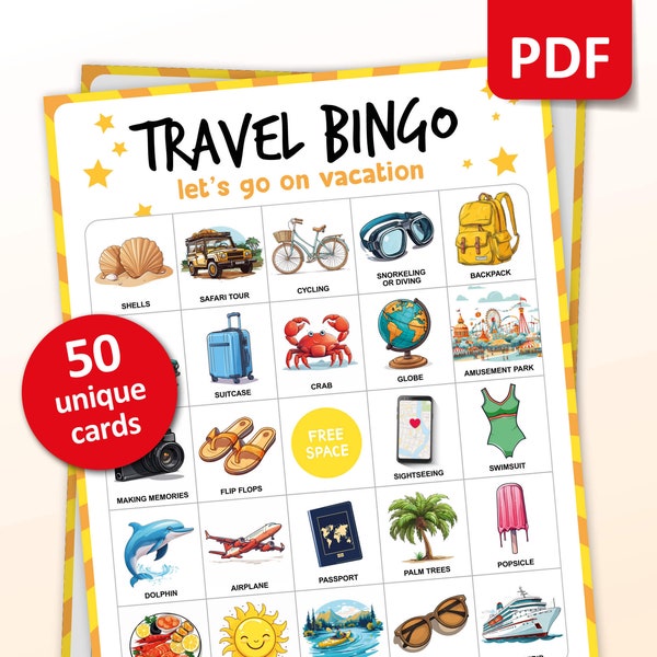 Travel Bingo Game, 50 Travel Bingo Cards, Summer Trip Vacation Activities, Holiday Theme Party Game for Adults and Kids, Printable Gift