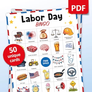 Bingo del Labor Day, 50 cartelle del bingo patriottico, gioco di società USA per bambini e adulti, attività estive americane, materiale didattico stampabile, download per la classe