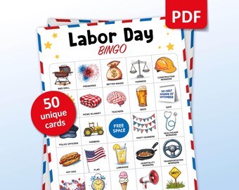 May include: A Labor Day Bingo card with 25 squares featuring images and text related to the holiday, such as a BBQ grill, fireworks, better wages, fairness, construction workers, the first Monday of September, date, picnic blanket, teachers, beer, free space, police officers, farmers, party banners, healthcare workers, hot dog, flag, lemonade, hospitality workers, transportation workers, safety, and a clock.