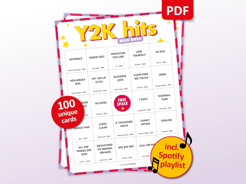 Y2K music bingo party game with the best zeros 2000s hits. Perfect as a y2k birthday party, friends game night, pub crawl, bar activity or office party. Including Spotify Playlist with the 00s songs on the bingo cards. Digital download.