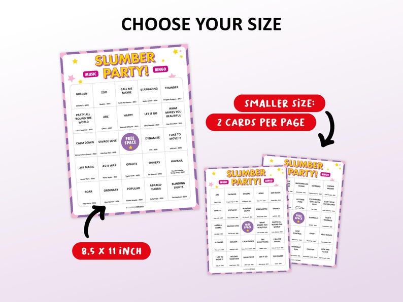 Music bingo party game with the best recent 10s, 20s hits. Perfect as a sleepover birthday party, slumber party or friends game night. Including Spotify Playlist with the songs on the bingo cards. Digital download that is easy to print. Sleepover printable.