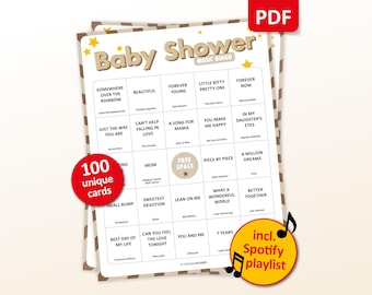Baby Shower Music Bingo, 100 Bingo Cards + Spotify Playlist, Baby Shower Games, Party Game, Printable Digital Download, Mom to Be Activity