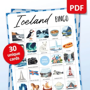 Gioco di Bingo da viaggio in Islanda, 30 carte Bingo, Attività di vacanza in viaggio in Islanda, Gioco di feste a tema islandesi per adulti e bambini, Regalo stampabile