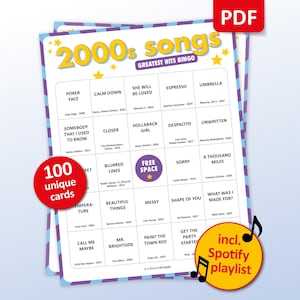 2000s Music Bingo, 100 Bingo Cards + Spotify Playlist, 2000s Party Game, Birthday Activity, Y2K Ladies Night Singo, Friends Bar Activity
