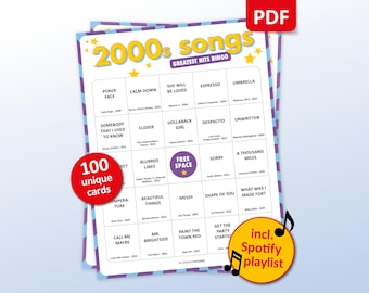 2000年代ミュージックビンゴ、ビンゴカード100枚＋Spotifyプレイリスト、2000年代パーティーゲーム、誕生日アクティビティ、Y2Kレディースナイトシンゴ、フレンズバーアクティビティ