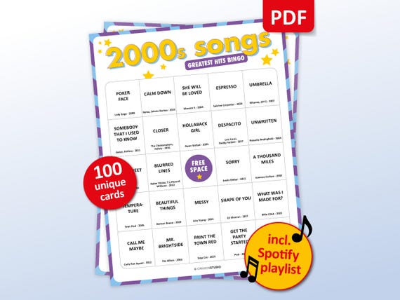 2000s Music Bingo, 100 Bingo Cards + Spotify Playlist, 2000s Party Game, Birthday Activity, Y2K Ladies Night Singo, Friends Bar Activity