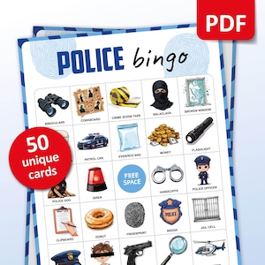 Polizei Bingo, 50 Bingokarten, Partyspiel zum Ausdrucken, Untersuchungsklassenzimmer, Geburtstagsaktivitäten, Mystery-Spiel für Kinder & Erwachsene