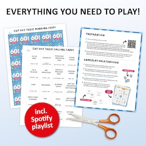 60th Birthday Music bingo party game with the best 60s, 70s, 80s, 90s, 00s, 10s, 20s hits. Perfect as a birthday party, friends game night, pub crawl, bar activity for your sixtieth birthday. Including Spotify Playlist with the songs on the bingo cards. Digital download.