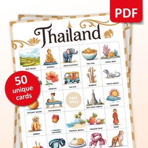 Thailand reisbingospel, 50 bingokaarten, reisvakantie-activiteiten, Thailand themafeestspel, afdrukbaar backpackercadeau