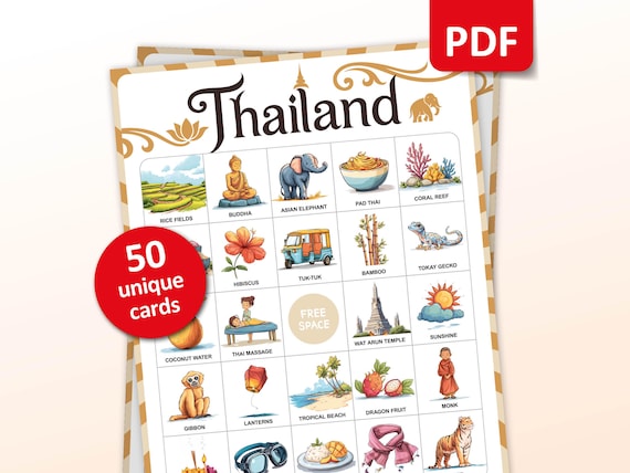 Thailand Travel Bingo Game, 50 Bingo Cards, Travel Trip Vacation Activities, Thailand Theme Party Game, Printable Backpacker Gift