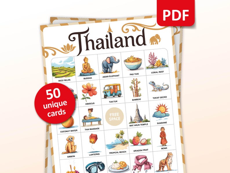Thailand bingo game with 50 bingo cards, perfect for adults and kids who are going to travel to this country. Great backpacker gift for your friend. Party game for the farewell party.