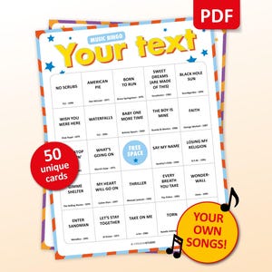 Custom Music Bingo Game with 50 unique cards, printable party game for birthdays, bachelorette parties, hen parties, graduations, tea parties, bridal showers, girls night, family gatherings, office events, and celebrations of all kinds. Fun music activity with your own songs, interactive icebreaker, instant digital download, perfect for large groups, adults, teens, and special occasions.