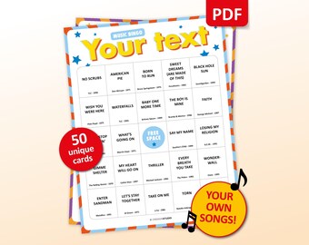 Custom Music Bingo, Personalized Party Game For Any Occassion, 50 Bingo Cards Printable