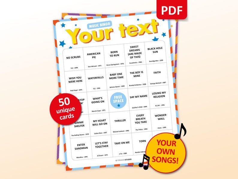 Custom Music Bingo Game with 50 unique cards, printable party game for birthdays, bachelorette parties, hen parties, graduations, tea parties, bridal showers, girls night, family gatherings, office events, and celebrations of all kinds. Fun music activity with your own songs, interactive icebreaker, instant digital download, perfect for large groups, adults, teens, and special occasions.